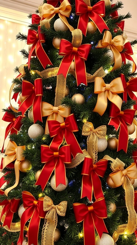 Creative Christmas Tree Ribbon Ideas A Christmas tree decorated with red and gold satin ribbons, burlap, and lace, featuring large bows and cascading ribbons.